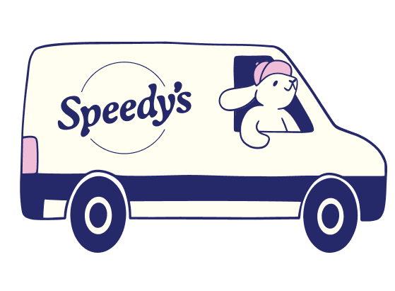 a drawing of a bunny driving a van wearing a cycling cap that says "Speedy's"